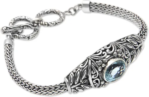 Miniatura 2 de NOVICA Pulsera de cadena de plata de ley 925 con topacio azul, 7.5 pulgadas 'Jungle Lagoon', Topacio