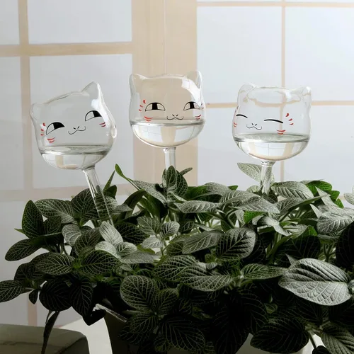 Miniatura 6 de Paquete de 3 globos de riego automático para plantas, lindos gatos transparentes, mini bombillas de cristal transparente para interiores