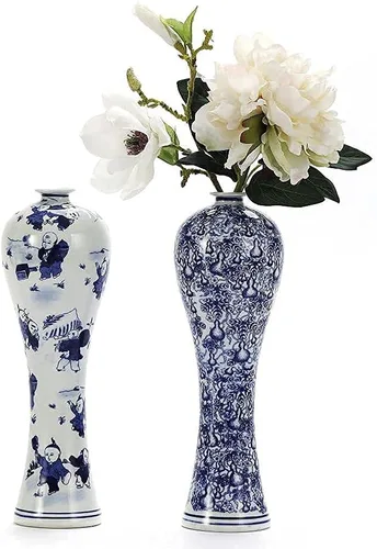 Miniatura 6 de Jarrón de cerámica de porcelana azul y blanca de 13 pulgadas, hecho a mano, decorativo para sala de estar, decoración del hogar, oficina, centro