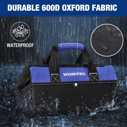 Miniatura 5 de WORKPRO Bolsa de herramientas de 13 pulgadas de boca ancha, bolsa de herramientas portátil con bolsillos interiores para almacenamiento de Azul