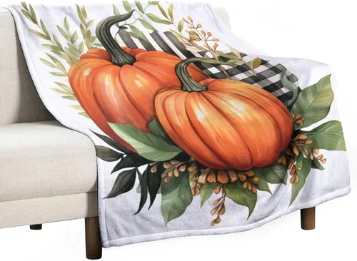 Miniatura 42 de Manta de lana cuadriculada con diseño de calabaza, hojas de arce, Acción de Gracias, manta de cama para otoño, Acción de Gracias, ligera, súper