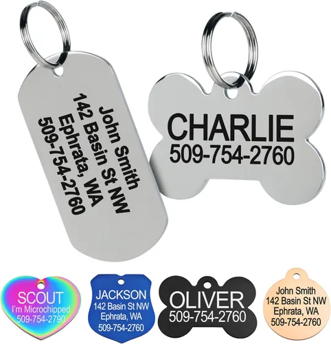 GoTags Etiquetas de identificación de mascotas de acero inoxidable, etiquetas personalizadas para perros y gatos, hasta 8 líneas de texto