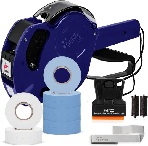Perco Lite - Pistola de precio de 1 línea con etiquetas, el kit incluye 3 rollos blancos, 3 rollos azules, 2 rodillos de tinta, 1 rollo de tinta y