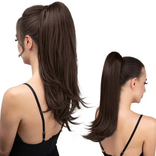 Extensión de cola de caballo con clip, color marrón oscuro de 18 pulgadas, extensiones de cabello para mujer, cola de caballo larga y recta, cola de
