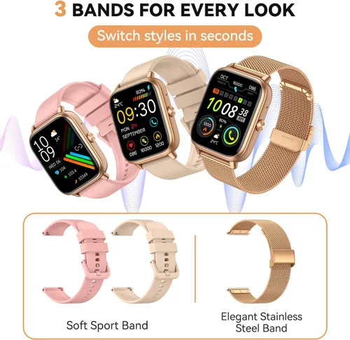 Miniatura 3 de Reloj inteligente para mujeres y hombres, batería de 1000 mAh, contador de actividades, compatible con Android iPhone iOS, 3 correas, dorado