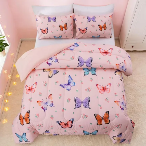 Miniatura 2 de Btargot Juego de edredón de 3 piezas con diseño de mariposas para niños, juego de cama con estampado de flores coloridas para mujeres y niñas