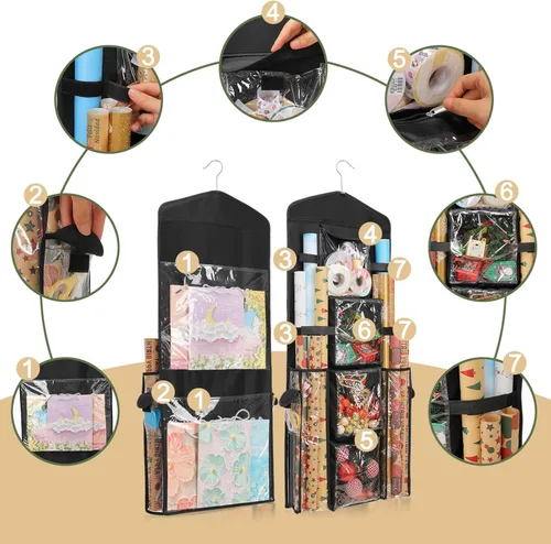 Miniatura 3 de EXLIFBAG Organizador de almacenamiento de papel de regalo, organizador de envoltorios de regalo con soporte de doble cara para colgar Negro