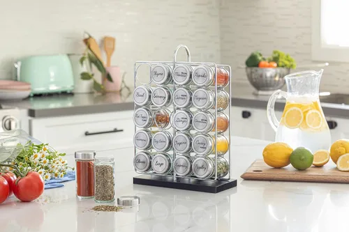 Miniatura 3 de Orii Estante de 20 tarros para especias de acero inoxidable con especias incluidas - Soporte de estante de pie y organizador de torre de estante