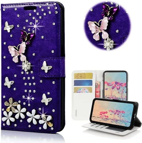 Bling - Funda para Samsung Galaxy S21 Ultra, elegante, hecha a mano en 3D, diseño de mariposas, con protector de pantalla y correa para el cuello,