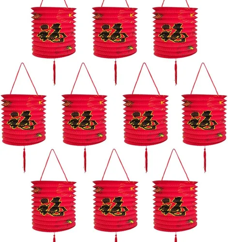 Paquete de 10 linternas de papel colgantes japonesas chinas rojas, faroles asiáticos chinos de buena fortuna Lucky Fu, decoración de festival chino