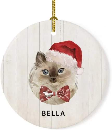 Miniatura 21 de Andaz Press Adorno redondo personalizado de cerámica para árbol de Navidad, abisinio, corona de acebo, sombrero de Papá Noel, con gráfico de gato