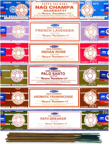 Satya Juego de 6 varillas de incienso orgánico – Nag Champa, rosa india, lavanda francesa, incienso aromático, Palo Santo, rompecaminos, palitos de