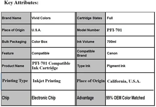 Miniatura 3 de Vivid Colors Cartucho de tinta compatible con PFI-701 para Canon PFI-701Y (23.7 fl oz, amarillo) para impresoras iPF8000, iPF8000S, iPF8100