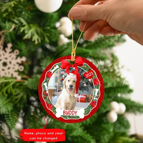 Miniatura 2 de Marco de fotos personalizado para perro, adorno de Navidad 2025 – Nombre y año personalizados para decoración de árboles, adorno de imagen