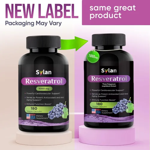 Miniatura 2 de SYLAN Suplemento de resveratrol trans, 1000 mg, 180 cápsulas vegetales, antioxidante, apoya el corazón, las articulaciones, el cerebro, la salud