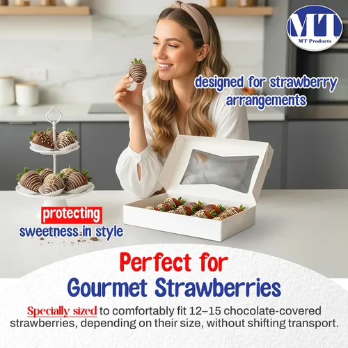 Miniatura 5 de MT Products 12" x 8" x 2.25" White Bakery Boxes with Window (5 Pack) - Auto Pop-Up Paperboard Treat Boxes for Chocolate Covered Strawberries