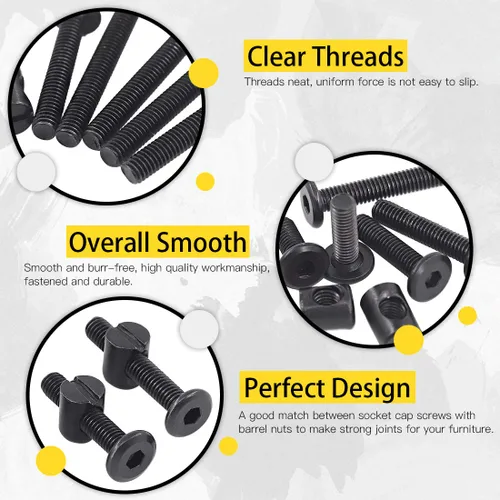 Miniatura 4 de Hilitchi M6 120 piezas de tornillos de cabeza hexagonal negra, tuercas de barril, kit surtido de accesorios para cuna, cama de bebé, muebles, cunas