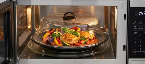 Miniatura 3 de Cubierta de vidrio para salpicaduras de microondas de 10.5 pulgadas para alimentos, tapa de placa de borosilicato con mango de silicona fría al