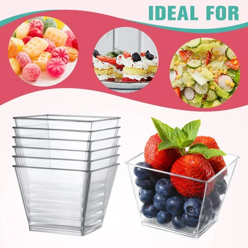Miniatura 3 de Vasos de postre de plástico de 3.8 onzas con cucharas, paquete de 50 unidades, mini tazas de postre cuadradas transparentes para aperitivos, tazas