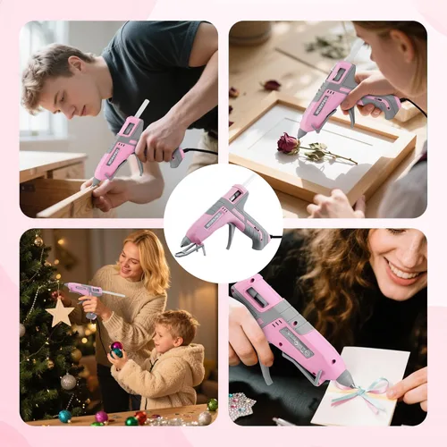 Miniatura 8 de WORKPRO Pistola de pegamento caliente de tamaño completo - 60/100W Pistola de pegamento de doble temperatura y juego de barras con 10 barras de Rosa