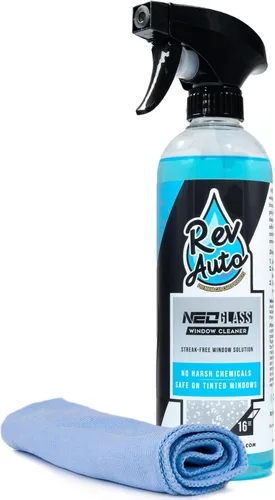Rev Auto Limpiador de ventanas de coche – Incluye toalla de secado de ventanas | Limpiador de vidrio sin amoníaco que es seguro para el tinte (16