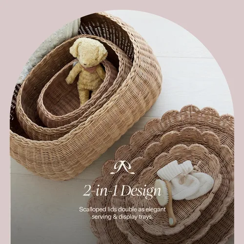 Miniatura 9 de BEBE BASK Juego de 3 cestas festoneadas grandes, tejidas a mano y galardonadas, tamaño XL, para mantas de 22 x 16 x 10 pulgadas, elegante mimbre