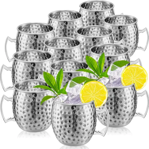 Tessco 12 Piezas Tazas Moscow Mule de 16 oz Kit de Tazas de Cobre 304 Acero Inoxidable Chapado en Cobre Martillado Tazas Mule para Bebidas Frías