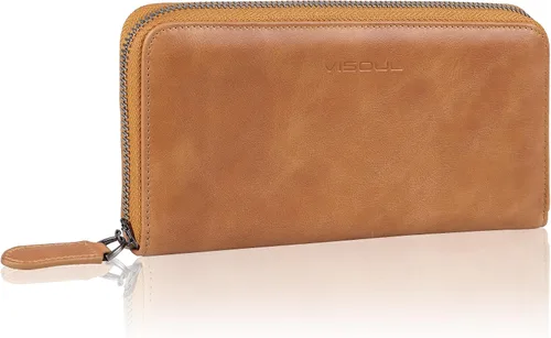 VISOUL Cartera larga de cuero con cremallera para hombres y mujeres con bloqueo RFID, cartera larga de embrague grande con cremallera, Beige Beige