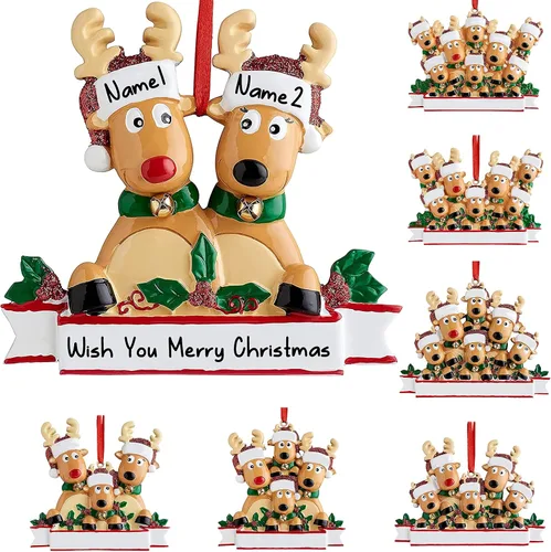Miniatura 10 de Adornos de Navidad de renos 2021, con texto personalizable, familia de 3