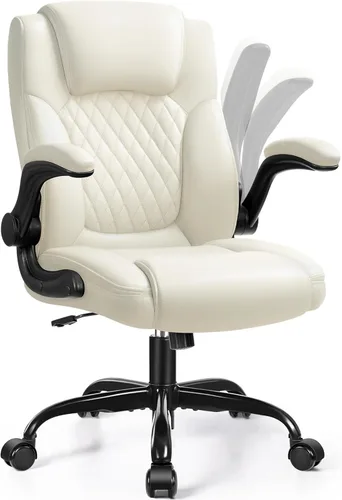 Miniatura 12 de Silla de cuero PU con soporte ergonómico lumbar, gira 360°, pequeña, ruedas, reposabrazos ajustables, para gente chaparra, para escritorio, Marrón