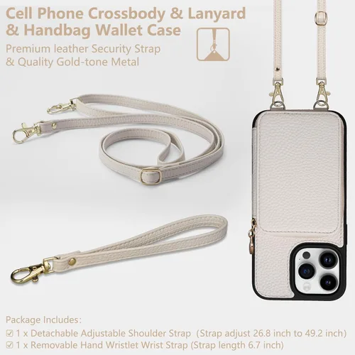 Miniatura 6 de Funda compatible con iPhone 15 Pro Max de 6.7 pulgadas, cremallera cruzada con ranuras para tarjetas de bloqueo RFID, soporte, cordón y correa