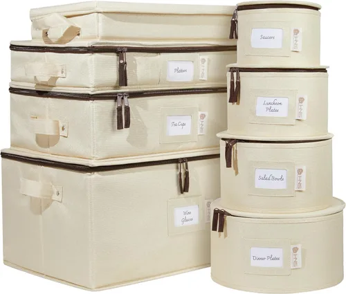Miniatura 18 de Juego de 8 cajas de almacenamiento de China para vajilla, vasos, platos, tazas y platillos, organizador de platos resistente con divisores para Beige