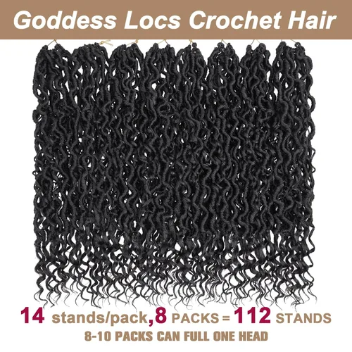 Miniatura 5 de COOKOO 8 paquetes de 18 pulgadas (14 hebras/pieza) Rastas de diosa de ganchillo con bucle previo con extremos rizados, negro azabache, rastas