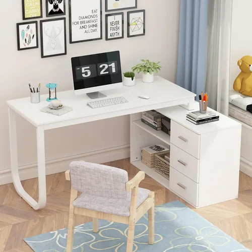 Miniatura 3 de Homsee Escritorio de esquina para computadora de oficina en casa con 3 cajones y 2 estantes, mesa de estudio grande en forma de L de 55 pulgadas