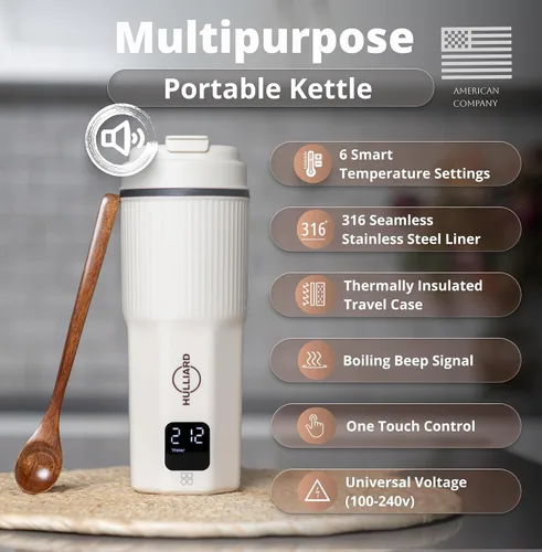 Miniatura 3 de Hervidor Eléctrico de Viaje - Acero Inoxidable 316, Hervidor de Té Portátil y Calentador de Agua, Hervidor de Agua Portátil de 450ml, 6 Ajustes