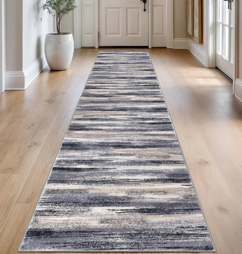 Miniatura 104 de Lansny Alfombra moderna abstracta de 2 x 5 pies, color negro, gris, blanco, lavable, alfombra de entrada para cocina, alfombra antideslizante suave