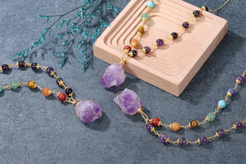 Miniatura 3 de Jovivi Collares de piedra curativa de 7 cuentas de chakras para mujer, ajustable, chapado en oro de 14 quilates, envuelto en alambre de cristal