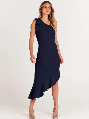 Miniatura 5 de ANRABESS Vestido formal midi de un hombro para mujer, sin mangas, ajustado, con volantes, vestido de sirena para invitada de boda