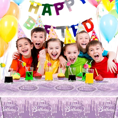Miniatura 7 de Juego de vajilla para fiesta color morado, tema de Feliz Cumpleaños morado, 20 platos y 20 servilletas y manteles de 71'' x 42'' para niñas