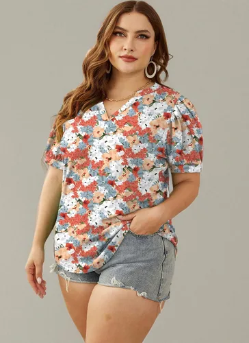 Miniatura 7 de OFEEFAN Blusas plisadas de manga abombada para mujer, cuello en V, holgadas, dobladillo curvado, blusas elegantes, informales, S-3XL