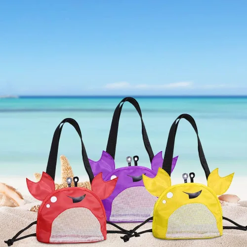 Miniatura 5 de Bolsa de malla de cangrejo para playa, bolsas de recolección de conchas de playa, juguetes de conchas de playa, correa ajustable para el hombro