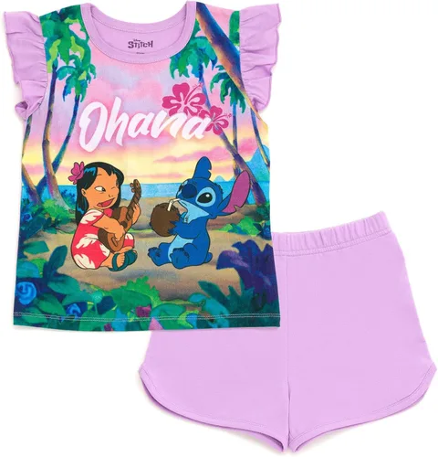 Miniatura 5 de Disney Minnie Mouse Lilo & Stitch Little Mermaid Ariel - Conjunto de camiseta floral y pantalones cortos de rizo francés, para bebés y niños grandes