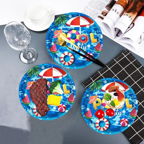 Miniatura 2 de Juego de 60 piezas de vajilla para fiesta en la piscina, platos de fiesta en la piscina de 7 pulgadas y servilletas de piscina, tenedor