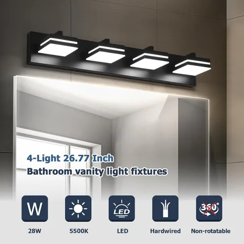 Miniatura 7 de Joossnwell Luz de Tocador de Baño (4 Luces, 26.77 Pulgadas) Luminarias de Baño Negras Sobre Espejo LED Iluminación Moderna de Tocador Luces de Baño