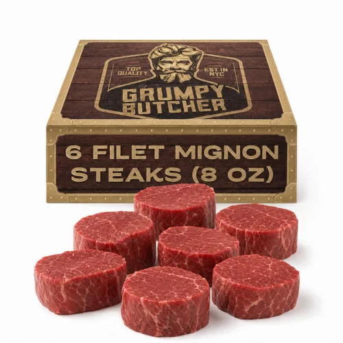 Grumpy Butcher - Filetes de filete grande Mignon, paquete de 6 (8 onzas cada uno) – Filete de lomo de ternera tamaño Prime Steakhouse – Para entrega