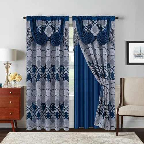 Miniatura 10 de Petrichor Cortinas de gasa jacquard transparente borgoña (54 pulgadas de ancho x 63 pulgadas de largo), 2 paneles con cenefa adjunta, diseño floral
