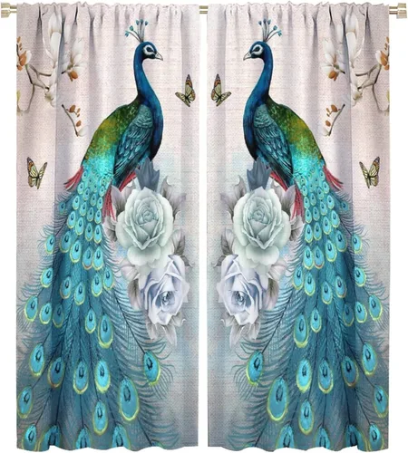 Miniatura 27 de Cortina opaca con estampado de pavo real, con estampado de animales retro, con bolsillo para cortinero y flores de peonía doradas, para dormitorio