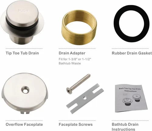 Miniatura 6 de HIDROP Kit de Conversión de Drenaje Tip Toe para Bañera, Kit de Recambio de Drenaje para Baño en Níquel Cepillado con Placa Frontal