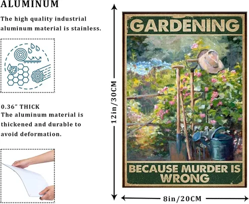 Letrero de Metal "Gardening Because Murder Is Wrong" Retro, Letrero de Hojalata Metálico Vintage de Aluminio para Decoración de Pared de Casa y Café