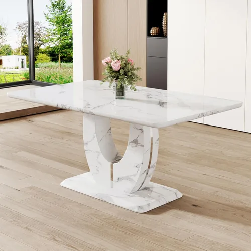 Miniatura 17 de JUFU Mesa de comedor de mármol sintético de 63 pulgadas para 4-6 personas, moderna mesa rectangular de cocina y comedor, mesa de MDF de aspecto